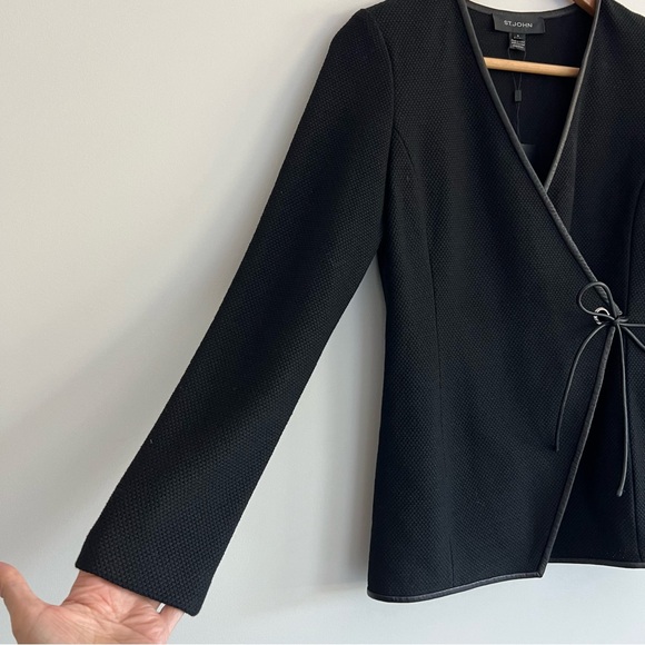 ST. JOHN Black Wool Blend Leather Trim Waist Tie Long Sleeve Jacket Blazer Sz 2 - Picture 5 of 16